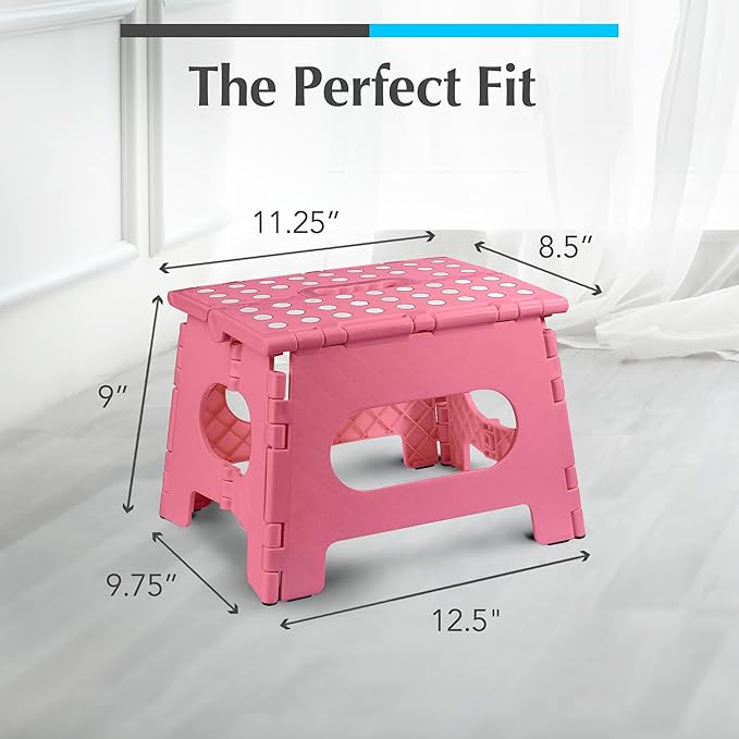 Handy Laundry Folding Lightweight Step Stool - Sturdy Enough to Support Adults - Opens Easy with One Flip - Great for Kitchen, Bathroom or Bedroom (Pink - 9 Inch)