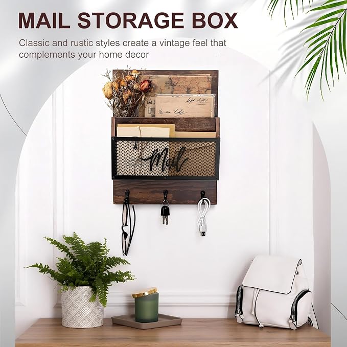 Yalikop Farmhouse Mail Organizer Wall Mounted Rustic Mail Holder Hanging Key Sorter with 3 Hooks Indoor Wooden Wall Mounted, Letter, Magazines, Newspapers, Keys(Classics,Brown)