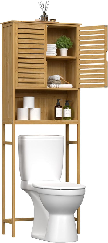VEIKOU Over The Toilet Storage Cabinet, Bamboo Over Toilet Storage with Removable Shelf, Bathroom Freestanding Over The Toilet Storage with Open Storage, Natural