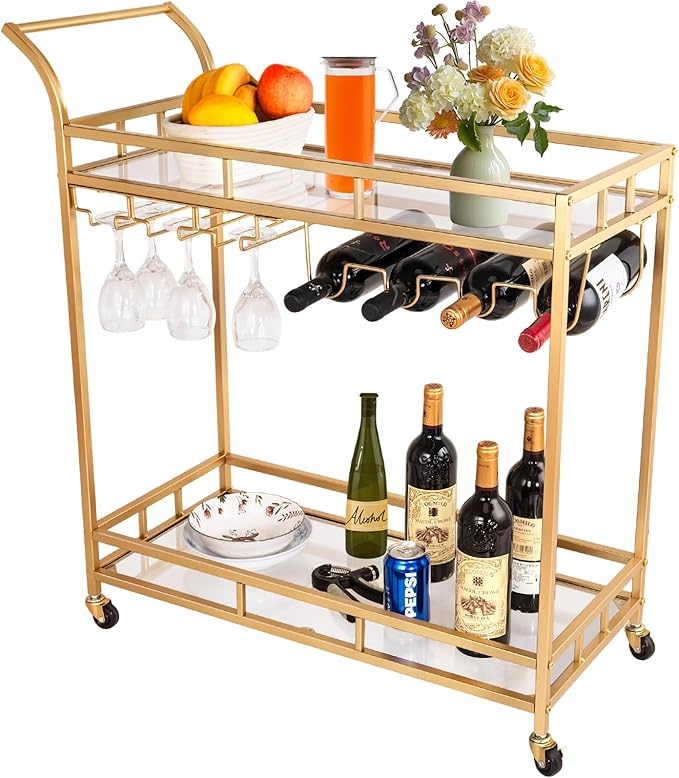 KAKO Gold Bar Cart, Gold Bar Cart with Wheels, Home Bar & Serving Carts with 2 Mirrored Shelves, Bar Carts for The Home, Kitchen, Dining Room, Dining Party