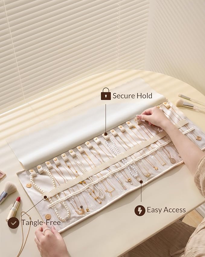 Lolalet Travel Necklace Organizer, Tangle-Free Necklace Case for Travel, Foldable Roll Up Jewelry Storage Bag for Necklaces Chains Bracelets, Beige, 18 Slots Holder