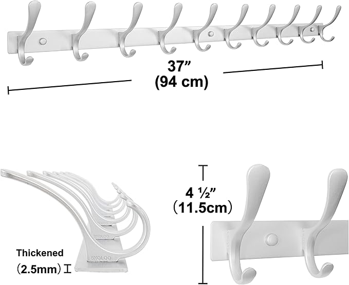 SKOLOO Coat Rack Wall Mounted - 10 Hooks, Heavy Duty, Stainless Steel, Metal Wall Hanger, Sturdy Coat Hooks for Hanging Coats, Jacket, Clothes, Hat, Cold Light Silver