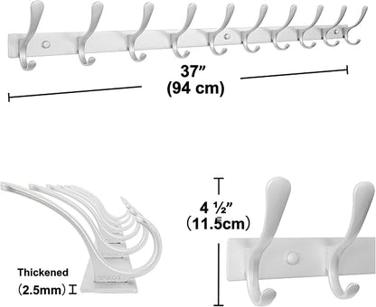 SKOLOO Coat Rack Wall Mounted - 10 Hooks, Heavy Duty, Stainless Steel, Metal Wall Hanger, Sturdy Coat Hooks for Hanging Coats, Jacket, Clothes, Hat, Cold Light Silver