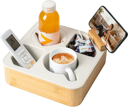 Couch Cup Holder Tray, Bamboo Couch Caddy with Rotatable Phone Holder for Bed Organizer, Waterproof Anti-spill Sofa Cup Holder for Snacks Beverage Remote White