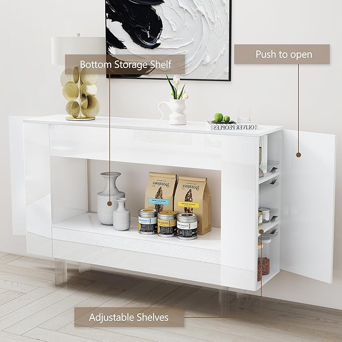 47" High Gloss Console Table with Hidden Side Storage Cabinets, Adjustable Shelves, Modern Entryway Sofa Table for Behind The Couch, Living Room, Hallway, White