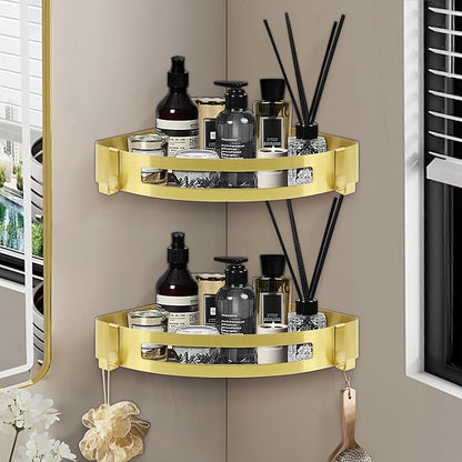NearMoon Bathroom Shower Caddy 2 Pack, No Drill 304 Stainless Steel Shower Organizer with 2 Hooks (Corner Shelf, Gold)