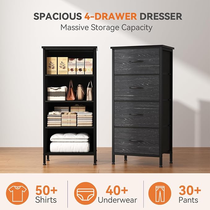 Sweetcrispy 4 Drawer Fabric Dresser Storage Tower Nightstand Chest | Small bedroom dresser and nightstand with sturdy frame,Perfect for closet,entryway,dorm,Black Wood Grain