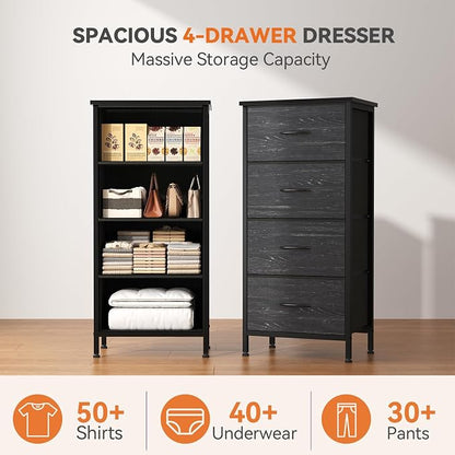 Sweetcrispy 4 Drawer Fabric Dresser Storage Tower Nightstand Chest | Small bedroom dresser and nightstand with sturdy frame,Perfect for closet,entryway,dorm,Black Wood Grain