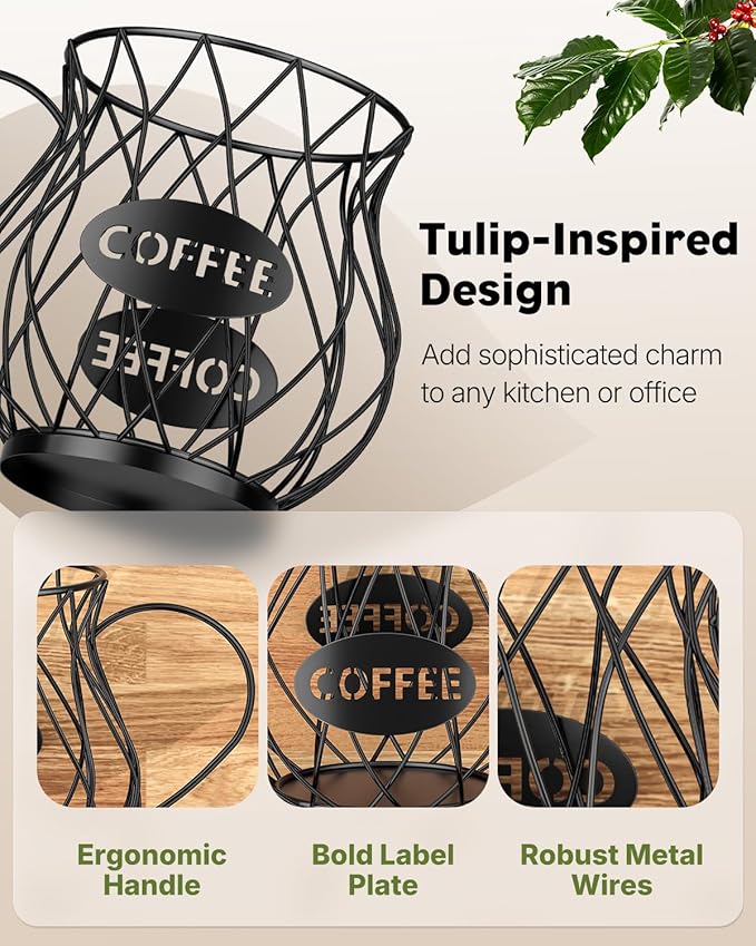 Uniclife K Cup Holder with Ice Tongs, Large Capacity Coffee Pod Holder for 10-30 Capsules, Metal Wire K Cup Organizer Coffee Pod Organizer, Storage Basket for Kitchen Office Accessories