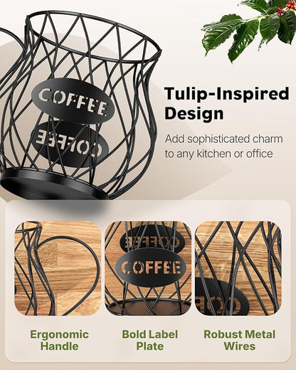 Uniclife K Cup Holder with Ice Tongs, Large Capacity Coffee Pod Holder for 10-30 Capsules, Metal Wire K Cup Organizer Coffee Pod Organizer, Storage Basket for Kitchen Office Accessories