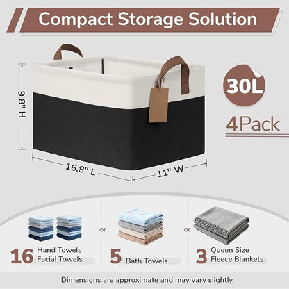 CHICVITA 4 Pack Large Storage Baskets for Shelves, Collapsible Fabric Storage Bins with Metal Frame Handles, Decorative Closet Organizers Bins for Toys, 16.8" x 11" x 9.8", Black & White
