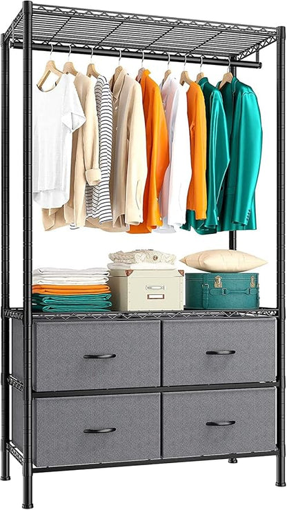 Raybee Clothes Rack with 4 Drawers and Shelves,Heavy Duty Clothing Rack for Hanging Clothes,Portable,Sturdy and Durable,Black