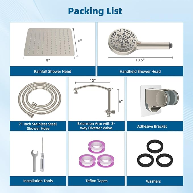 Hibbent All Metal cUPC Certified Shower Head, 10'' High Pressure Rain Shower Head, Handheld Showerhead Combo with 16'' Adjustable Extension Arm, 10 Sprays, 71'' Hose, Showerhead Holder, Brushed Nickel