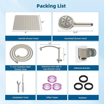 Hibbent All Metal cUPC Certified Shower Head, 10'' High Pressure Rain Shower Head, Handheld Showerhead Combo with 16'' Adjustable Extension Arm, 10 Sprays, 71'' Hose, Showerhead Holder, Brushed Nickel