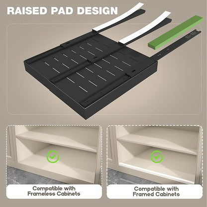 Seinloes 2 Pack Pull Out Cabinet Organizer 22" Deep,Full Extension 3 Slide Rails Slide Out Drawers With Raising Pad for Framed Cabinets,Expandable Width (12.3"-20.5"),No Drill Roll Out shelf,Black