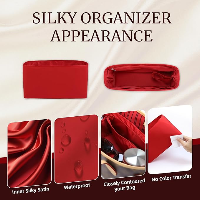 Purse Organizer Insert, Satin Tote Bag Organizer with 8 Sizes, Handbag Dividers for Inside Purse, Compatible with Longchamp, Neverful, 25C Hobo and More Bags（Slender Medium,Ruby）