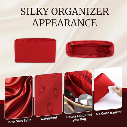 Purse Organizer Insert, Satin Tote Bag Organizer with 8 Sizes, Handbag Dividers for Inside Purse, Compatible with Longchamp, Neverful, 25C Hobo and More Bags（Slender Medium,Ruby）