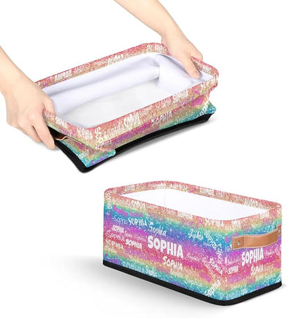 Personalized Name Small Storage Basket with Handles, Canvas Storage Bins Toys Organizer for Bedroom, Bathroom, Nursery, Shelves, Closets, Colorful Sparkly Bling Glitters Pink Blue Yellow