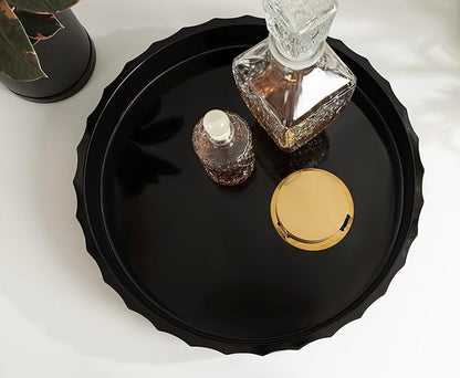 Kate and Laurel Lissi Decorative Round Tray with Wavy Design, 16 Inch Diameter, Black, Modern Scalloped Circle Serving for Coffee Table Ottoman, Dining Table, or Entryway Catch-All