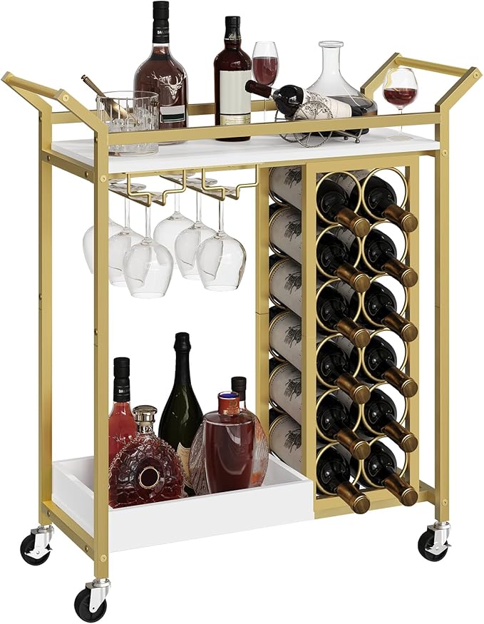 Bar Cart for Home, Gold Bar Cart with Wine Rack, Drink Cart with Wheels, Rolling Wine Cart with Glass Holder, Serving Cart for Kitchen, Gold and White RCJW18101