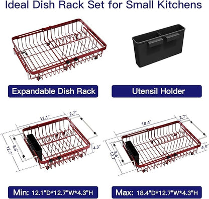 MAJALiS Red Dish Drying Rack Over The Sink, Expandable Stainless Steel Dish Drainer for Small Kitchen Counter Space Saving, RV Compact Plate Strainer in Metal with Hanging Adjustable Utensil Holder