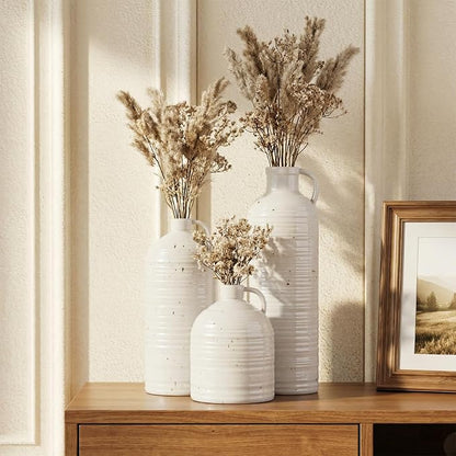 Firehold Ceramic Vase Set of 3, Rustic Farmhouse Boho Vases, Textured Country Home Decor, Small Decorative Vases for Shelves Mantel Table, Gift Set for Dried Pampas Grass & Fresh Flowers (White)