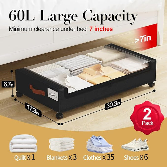 Yecaye Under Bed Storage with Wheels, 2 Pack Under the Bed Storage Containers with Lids & Label, XXL 60L Rolling Underbed Storage Drawers for Clothes, Blankets, Shoes, Black