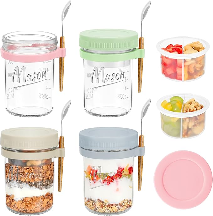 Xyptorix 4 Pack Overnight Oats Containers with Lids and Spoons, 16 oz Mason Jars with Removable Separate Compartments, Airtight and Leak-Proof Glass Jars for Chia Pudding, Yogurt, and Oatmeal
