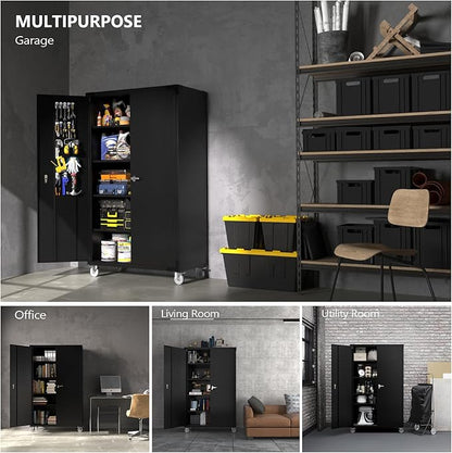 VINGLI Upgraded Wide & Deep Garage Storage Cabinet, Metal Storage Cabinet with Pegboards, Wheels, Locking Doors and Adjustable Shelves (Black, 43''W x 20''D x 72''H)