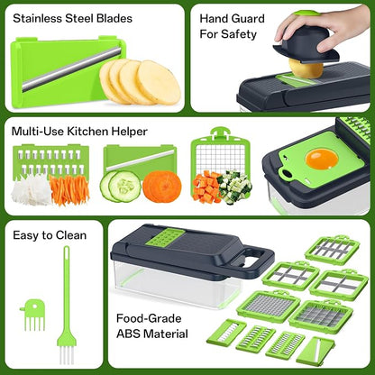 HomeHacks Vegetable Chopper Vegetable Cutter, 15 in 1 Kitchen Gadget, Dicer, Slicer, Onion Cutter, Salad, Cheese Grater & Egg Separator - Multi-Functional Veggie Chopper Lid with Handle (Green)