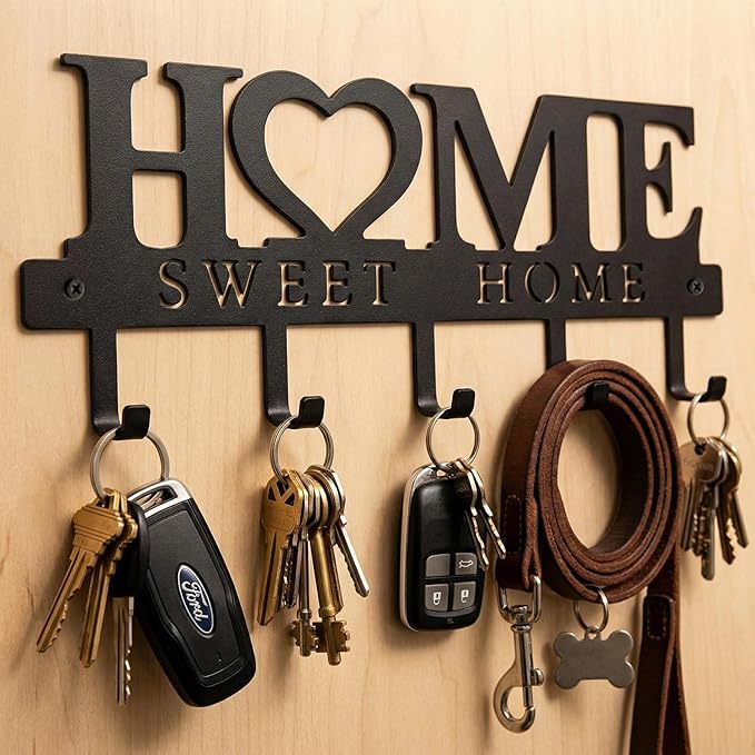 WIPHANY Entryway Key Holder Wall Mount with 5 Hooks, 13" Metal “Sweet Home” Key Rack Organizer for Wall, Decorative Key Hanger for Entryway, Hallway & Mudroom, Housewarming Gift, Black