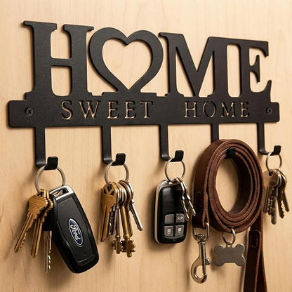 Entryway Wall Key Holder with 5 Hooks, Metal Key Rack Wall Mount for Keys, Bags and Leashes, Decorative Organizer for Entryway, Mudroom or Hallway, Sweet Home Design, 9.8 inches, Black