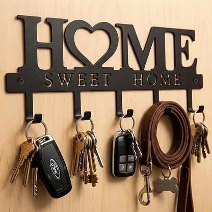 WIPHANY Entryway Wall Key Holder with 5 Hooks, Metal Key Rack Wall Mount for Keys, Bags and Leashes, Decorative Organizer for Entryway, Mudroom or Hallway, Sweet Home Design, 9.8 inches, Black