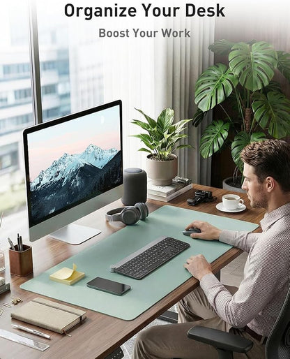 Aothia Faux Leather Desk Mat - Non-Slip PU Leather Desk Blotter, Waterproof Writing Surface, Large Desk Pad for Office & Home (Light Blue, 55" x 17")