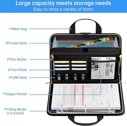Tamfile Accordion File Organizer with Combination Lock, Fireproof Water 3 Ring Binder, 13 Pocket Expanding File Folder with Labels, Multi Pockets Document Organizer for Letter A4 Files (Black)