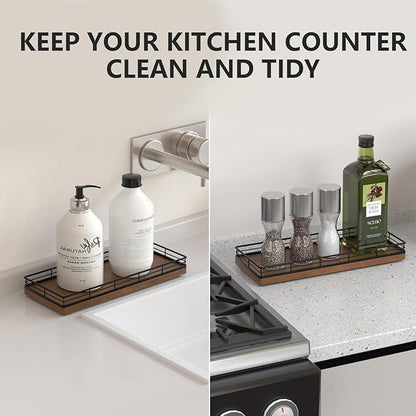 Bathroom Tray for Counter Top Organizer – Oak Wood Vanity Tray with Metal Frame for Dresser, Kitchen, Nightstand – Black & Brown Decorative Storage