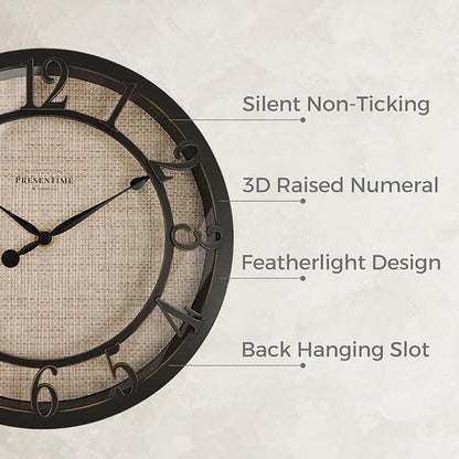 Presentime & Co 10" Farmhouse Series Wall Clock, Cottage Style, Faux Burlap Design, Silent no Ticking, Oil Rubbed Bronze Finish