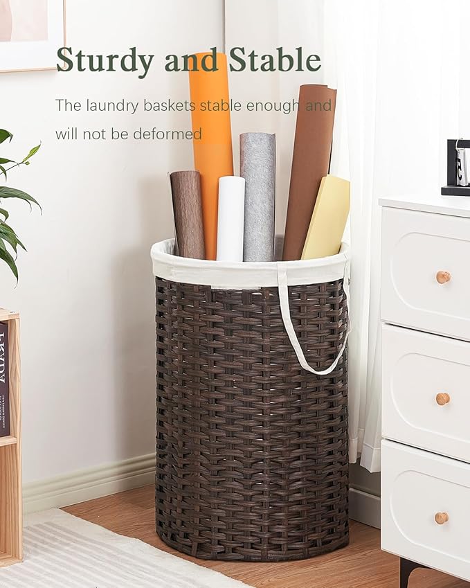 SETVSON 34.3 Gal (130 L) Large Laundry Hamper Laundry Basket Round Handwoven Wicker Laundry Baskets Rattan Laundry Basket with Removable Bag Handles 2 Mesh Bags for Living Room Bedroom Brown (No Lid)