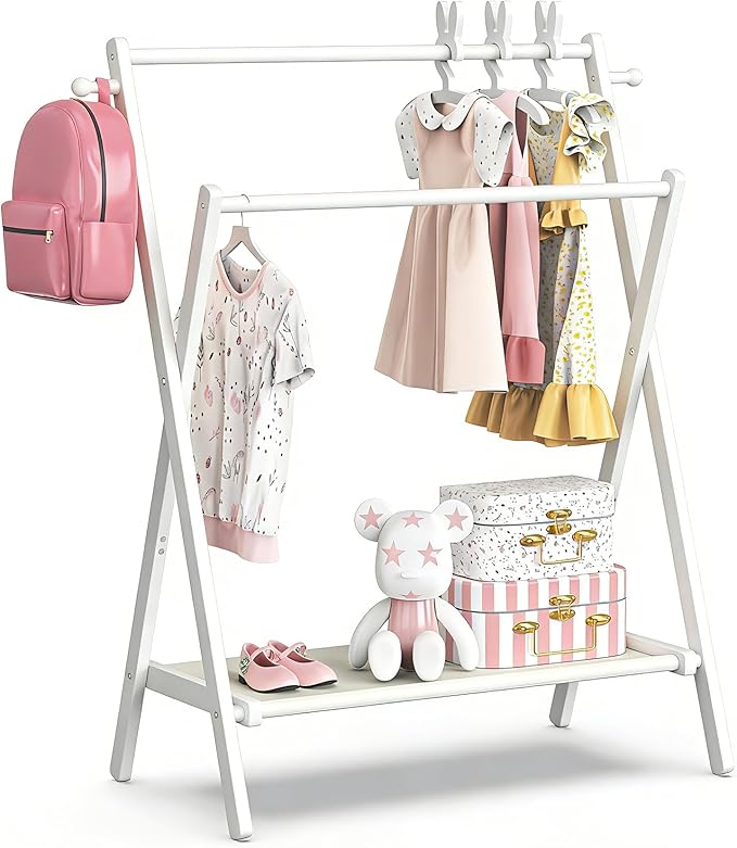 Kids Clothing Rack, Small Clothes Rack for Toddler Pets, Kids Dress Up Rack with Storage Shelf & Double Rods, Foldable Kids Clothes Rack for Nursery Child's Room (Regular Size - White)