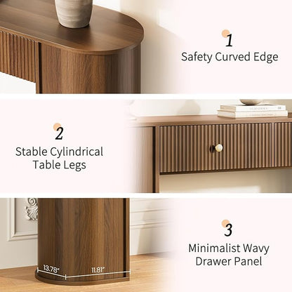 59" Fluted Console Table with 2 Drawers - Wood Entryway Table with Storage, Mid Century Modern Long Sofa Tables Behind Couch with Curved Legs for Living Room, Entry, Hallway, Foyer, Walnut