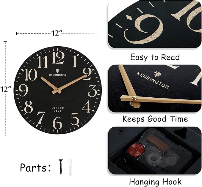 NIKKY HOME Farmhouse Black Wall Clock - 12 Inch Quartz Battery Operated Vintage Wooden Decorative Silent Analog Clock for Kitchen, Living Room, Bedroom, Office