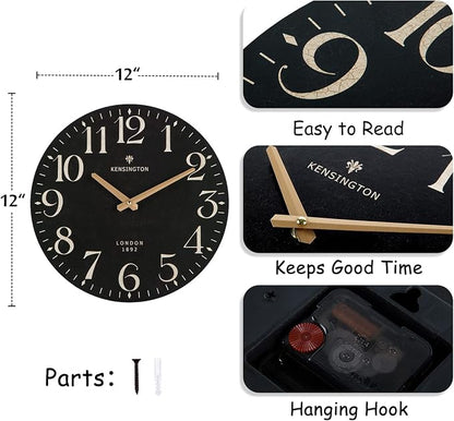 NIKKY HOME Farmhouse Black Wall Clock - 12 Inch Quartz Battery Operated Vintage Wooden Decorative Silent Analog Clock for Kitchen, Living Room, Bedroom, Office