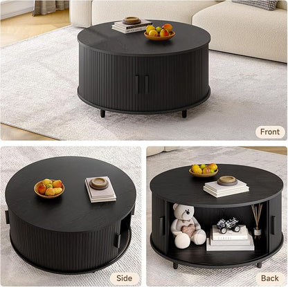 ONBRILL Round Coffee Table with Storage, 31.5" Modern Coffee Table with 360° Curved Sliding Door, Fluted Wood Accent Coffee Table with Adjustable Footpads, Round Center Table for Living Room, Black