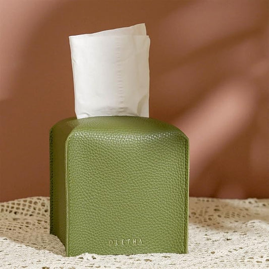OLETHA Square Tissue Box Cover - Aesthetic Desk Decor for Room, Home & Office - Tissues Cube Boxes Holder - Green