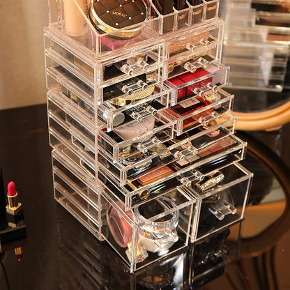 Cq acrylic 4 Pack Clear Makeup Organizer Countertop,Stackable 12 Drawers Skincare Organizer,Cute Skin Care Organizer for Vanity Hair Clip,Jewelry,Beauty Product Desk and Make Up Organizers for Vanity