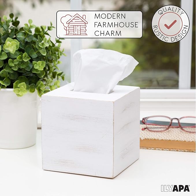 Ilyapa Wood Tissue Box Cover Square - Rustic Farmhouse White Wooden Tissue Holder