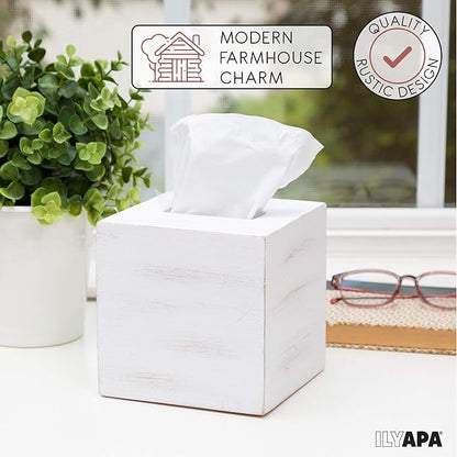 Ilyapa Wood Tissue Box Cover Square - Rustic Farmhouse White Wooden Tissue Holder