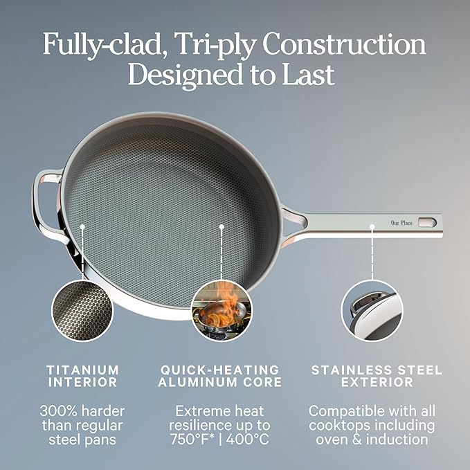 Our Place Titanium Always Pan Pro | 10.6" PFAS-Free Nonstick Frying Pan with Spatula | Chef-Grade Tri-Ply Stainless Steel & Aluminum Build | Induction & Oven-Safe up to 750°F | Gold