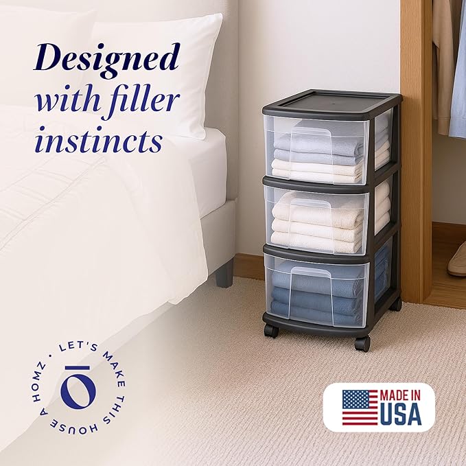 HOMZ 3-Drawer Storage Cart, Plastic Home and Office Organizer, Black Frame