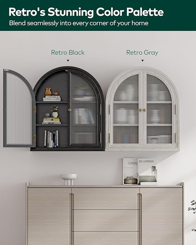 Chogori Arched Bathroom Wall Cabinet, 27x24x9 Inch Over The Toilet Storage Cabinet with Acrylic Doors & 3 Adjustable Shelves, Wall Mounted Cabinet for Bathroom, Kitchen, Laundry Room, 2PCS, Black